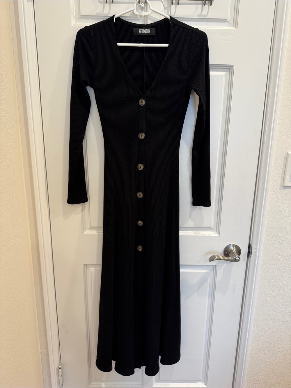 Reformation Black Ribbed Long-Sleeve Button Maxi Dress